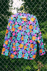 Women's vintage 1980's Bechamel label long sleeve open front lightweight blazer jacket with an all over multicolored floral print.