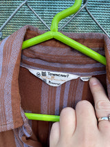 Men's vintage 1960's Towncraft Penneys short sleeve button up rayon shirt in brown with purple vertical stripes.