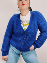 long sleeve cable knit blue mohair cardigan