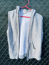 Women's or men's vintage 1980's Gearing Up label Large sleeveless heather grey zip up hoodie with silver zipper and two front pockets.