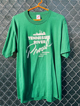 Men's or women's 1980's Jerzees, Made in USA label XXL short sleeve green graphic t-shirt with white Tennessee River graphic on the front.