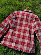 Women's vintage 1970's Montgomery Ward label long sleeve button up polyester shirt blouse in maroon and cream colored checkers.