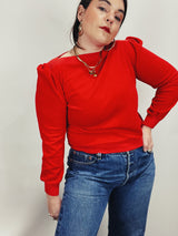 Women's vintage 1980's red velour velvet pullover sweater with ribbed trim and a boat neckline.