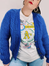long sleeve cable knit blue mohair cardigan