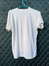 Women's or men's vintage 1986 Tee Jays, Made in USA label short sleeve white raglan t-shirt with Alabama band tour graphic on front and back.