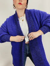 Women's vintage 1980's Fitting Image label long sleeve long length purple nubby cardigan with an open front.