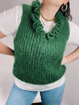 sleeveless green mohair sweater vest with ruffle trim