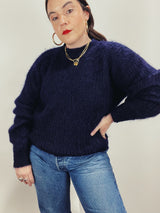 Men's or women's vintage 1980's long sleeve pullover crew neck sweater in dark navy blue in mohair material.