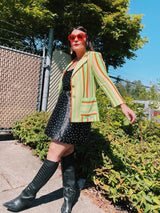 Women's vintage 1970's Jack Winter label long sleeve striped blazer with gold button closure. Lime green, orange, and tan colors in polyester material.