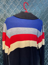 Men's or women's vintage 1970's Made exclusively for Collageman label long sleeve pullover sweater with suede front and a collar. Black, red, yellow, and blue collars.