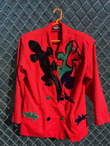 Women's vintage 1980's Dawn Joy Fashions label long sleeve double breasted red blazer with velvet lizards on it.
