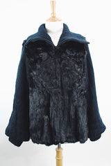 Women's vintage 1980's Luh - London, Paris, New York label long sleeve zip up jacket in black with genuine fir body and ribbed knot arms. Balloon shaped arms.