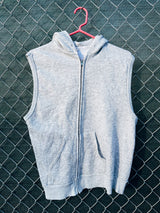 Women's or men's vintage 1980's Gearing Up label Large sleeveless heather grey zip up hoodie with silver zipper and two front pockets.