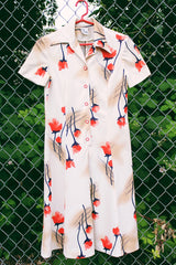 Women's vintage 1970's Puritan Forever Young label matching set. Short sleeve midi length dress and matching long sleeve open front cardigan in polyester. Cream with all over red floral print.