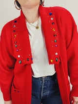 red long sleeve long length cardigan