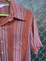 Men's vintage 1960's Towncraft Penneys short sleeve button up rayon shirt in brown with purple vertical stripes.