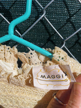 Women's vintage 1970's Maggi label long sleeve short length cream colored crochet dress with lace trim and mock neck.