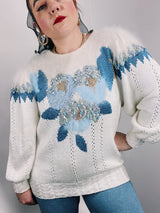 white long sleeve pullover sweater with blue pattern