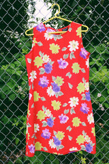 Women's vintage 1990's NY & CO label sleeveless mini dress in a lightweight polyester material in red with all over multicolored floral print.