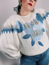 white long sleeve pullover sweater with blue pattern
