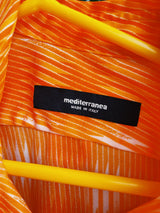 Women's or men's vintage Y2k Mediterranea, Made in Italy label short sleeve button. up shirt with an all over vibrant orange print.