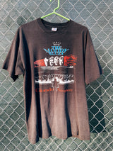 Men's or women's vintage 1992 Fruit of the Loom, Made in the USA label short sleeve black band t-shirt with white graphic on the front and back of The Mood Blues at Red Rocks, Colorado.