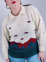 long sleeve cream pullover sweater with collar and mountain print