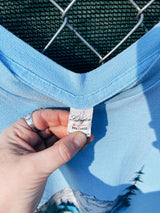 Women's or men's vintage 1986's Lexington label short sleeve baby blue graphic t-shirt with Oregon mountain graphic on the front.