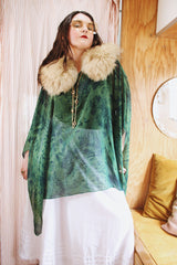 Women's vintage 1990's green and navy sheer polyester material cape top. Has no armholes, just a hole for your head. Tie dye print.