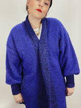 Women's vintage 1980's Fitting Image label long sleeve long length purple nubby cardigan with an open front.