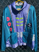 Vintage 1990's Ixspa by Jamie Sadock label funky long sleeve zip up satin track jacket with all over abstract details.