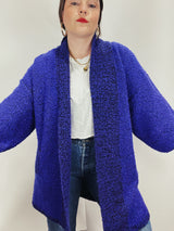 Women's vintage 1980's Fitting Image label long sleeve long length purple nubby cardigan with an open front.