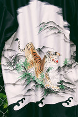 Women's vintage 1970's Ichi Ban, Made in Japan short sleeve black and white satin like material open front kimono robe with a tiger graphic on front and back.