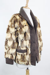 Women's vintage 1960's Hopper Furs, St. Louis label long sleeve open front cardigan jacket with all over patchwork multicolored fur and a rib knit trim.