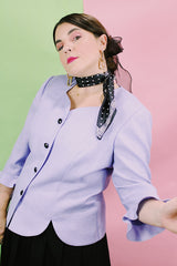 Women's vintage 1990's Leslie Fay - Dresses Petite label long sleeve lavender purple button up blazer with black buttons and scalloped trim edges.