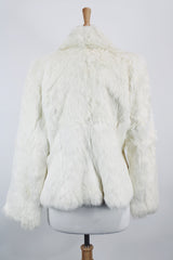Women's vintage 1970's Wilsons Suede & Leather, Made in Korea label long sleeve bright white genuine fur coat with one hook and eye closure in the front.