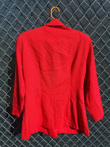 Women's vintage 1980's Dawn Joy Fashions label long sleeve double breasted red blazer with velvet lizards on it.