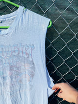 Women's or men's vintage 1970's Hanes, Made in the USA label sleeveless single stitch light blue graphic band tee with Blue Oyster Cult graphic on the front.