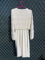 Women's vintage 1970's Union Made long sleeve midi length dress in cream white polyester with lace top and sleeves.