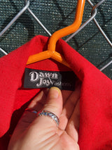 Women's vintage 1980's Dawn Joy Fashions label long sleeve double breasted red blazer with velvet lizards on it.