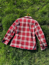 Women's vintage 1970's Montgomery Ward label long sleeve button up polyester shirt blouse in maroon and cream colored checkers.