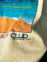 Women's or men's vintage 1980's Surf Gear label XL sleeveless yellow tank top t-shirt with Pismo Beach multicolored graphic on the front.