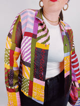 multicolored printed button up blouse