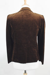 Women's vintage Modernage Sportswear Inc. label long sleeve chocolate brown velvet blazer with button front closure and double lapel.