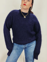 Men's or women's vintage 1980's long sleeve pullover crew neck sweater in dark navy blue in mohair material.