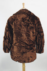 Women's vintage 1960's Sears Fashions label long sleeve double breasted chocolate brown faux fur pea coat with big gold buttons.