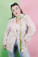 Women's vintage 1980's Sag Harbor label long sleeve lightweight floral print blazer with one gold button closure. White with pink and blue flowers.