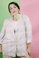 Women's vintage 1990's Alfred Dunner, Made in USA label long sleeve lightweight checkered plaid blazer with a one button closure in pink, blue, green, and yellow pastel colors.