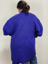 Women's vintage 1980's Fitting Image label long sleeve long length purple nubby cardigan with an open front.