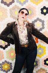 Women's vintage Modernage Sportswear Inc. label long sleeve chocolate brown velvet blazer with button front closure and double lapel.